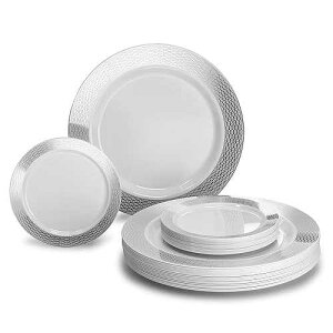 OCCASIONS FINEST PLASTIC TABLEWARE  OCCASIONS  240 Plates Pack, Heavyweight Premium Disposable Plastic Plates Set 120 x 10.5'' Dinner + 120 x 6.25'' Dessert/Cake Plates (Diamond in White & Silver)