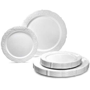 OCCASIONS FINEST PLASTIC TABLEWARE  OCCASIONS  120 Plates Pack,(60 Guests) Vintage Wedding Party Disposable Plastic Plates Set -60x10.25'' Dinner+ 60x7.5'' Salad/Dessert Plate (Portofino in Plain White)