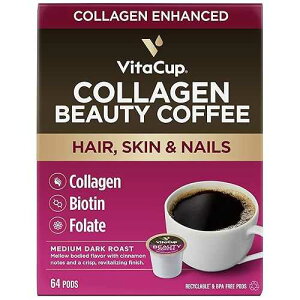 VitaCup Beauty Collagen Coffee Pods for Hair, Skin & Nails, with Biotin & Folate, Medium Dark Roast, Keto Friendly, Recyclable Single Serve Pod Compatible with Keurig K-Cup Brewers,64 Ct