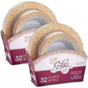 Laura Stein Designer Dinnerware Set 64 Disposable Plastic Party Bowls White Wedding Bowl with Rose Gold Rim Set Includes 32 x 12 oz Soup Bowls + 32 x 5 oz Dessert Bowls Glitz Series