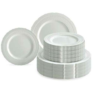 OCCASIONS FINEST PLASTIC TABLEWARE  OCCASIONS  120 Plates Pack,(60 Guests) Extra Heavyweight Vintage Wedding Disposable/Reusable Plastic Plates 60 x11'' Dinner +60 x 8.25'' Salad/Dessert Plate (Chatesau Light Gray