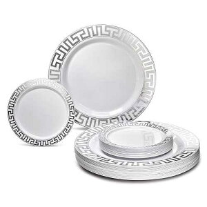  OCCASIONS  120 Plates Pack, Heavyweight Premium Disposable Plastic Plates Set 60 x 10.5'' Dinner + 60 x 6.25'' Dessert / Cake Plates (Milano White & Silver Rim) OCCASIONS FINEST PLASTIC TABLEWARE  OCCASIONS