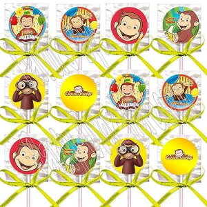 ̃W[W p[eB[LOi fR[V L[ |bv CG[{{t p[eB[LOi (12) Party Over Here Curious George Party Favors Decorations Monkey Lollipops w/ Yellow Ribbo