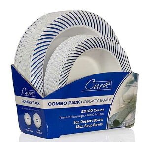 Laura Stein Designer Dinnerware Set 40 Disposable Plastic Party Bowls White Wedding Bowl with Blue Rim Set Includes 20 x 12 oz Soup Bowls + 20 x 5 oz Dessert Bowls Curve Series