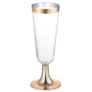 BloominGoods 50 Plastic Gold Rimmed Champagne Flutes / 5.5 oz. Clear Hard Disposable Party & Wedding Glass / Premium Heavy Duty Fancy Cup (50-Pack)