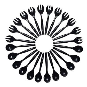 24 ̍ϋvĝăvX`bNH - 10 C`tH[N 12 { 10 C`Xv[ 12 {AubN JA Kitchens 24 Heavy Duty Disposable Plastic Serving Utensils - Twelve 10" Forks & Twelve 10" Spoons, Black