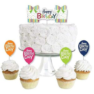 Big Dot of Happiness Cheerful Happy Birthday - Dessert Cupcake Toppers - Colorful Party Clear Treat Picks - Set of 24
