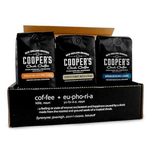 Cooper's Cask Coffee Espresso Box Set, Coffee Ground For Espresso, Sampler Gift Set Featuring Brazilian, Kenyan, & Ethiopian Coffee Beans, Light, Medium & Dark Roast Ground Coffee, 8 oz Bags, 24 oz Total