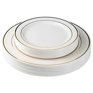 Exquisite Reflective Plastic Plates-60 Peices Premium Heavyweight Plastic Dinnerware (30-10.25" Dinner and 30-7.5" Salad/Dinner) Wedding Like China (Cream Gold)