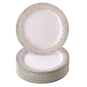 Silver Spoons Disposable Plates For Party - (20 Piece) Heavy Duty Disposable Dinner Set 7.5 , Fine Dining Plastic Dishes For Elegant China Look, Great for Upscaled Wedding, Dining & Servings, Gold