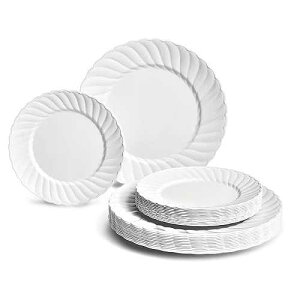 OCCASIONS FINEST PLASTIC TABLEWARE  OCCASIONS  120 Plates Pack,(60 Guests) Premium Vintage Wedding Party Disposable Plastic Plates Set -60 x 10.25'' Dinner + 60 x 7.5'' Salad/Dessert(Blossom in White)