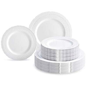 OCCASIONS FINEST PLASTIC TABLEWARE  OCCASIONS  120 Plates Pack,(60 Guests) Extra Heavyweight Vintage Wedding Disposable/Reusable Plastic Plates 60 x 11'' Dinner + 60 x 8.25'' Salad/Dessert Plate (Chateau White)