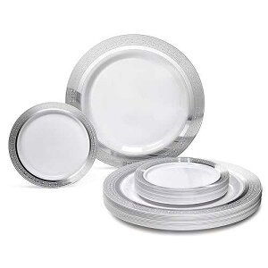 OCCASIONS FINEST PLASTIC TABLEWARE " OCCASIONS " 240 Plates Pack, Heavyweight Premium Disposable Plastic Plates Set 120 x 10.5'' Dinner + 120 x 6.25'' Dessert/Cake Plates (Palace White & Silver)