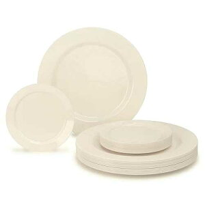 OCCASIONS FINEST PLASTIC TABLEWARE " OCCASIONS " 240 Plates Pack, Heavyweight Premium Disposable Plastic Plates Set 120 x 10.5'' Dinner + 120 x 6.25'' Dessert/Cake Plates (Plain Ivory)