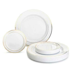 OCCASIONS FINEST PLASTIC TABLEWARE  OCCASIONS  240 Plates Pack, Heavyweight Premium Disposable Plastic Plates Set 120 x 10.5'' Dinner + 120 x 6.25'' Dessert/Cake Plates (White & Gold Rim)
