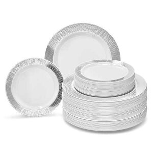 OCCASIONS FINEST PLASTIC TABLEWARE OCCASIONS 120 Plates Pack,(60 Guests) Heavyweight Premium Wedding Party Disposable Plastic Plates Set -60 x 10.5'' Dinner + 60 x 7.5'' Salad/Dessert (Diamond White & Silver)