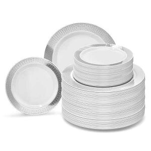 OCCASIONS 240 Plates Pack,(120 Guests) Heavyweight Premium Wedding Party Disposable Plastic Plates Set -120 x 10.5'' Dinner + 120 x 7.5'' Salad/Dessert (Diamond White & Silver) OCCASIONS FINEST PLASTIC TABLEWARE OCC