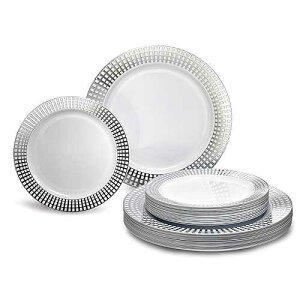 OCCASIONS FINEST PLASTIC TABLEWARE OCCASIONS 240 Plates Pack,(120 Guests) Premium Wedding Party Disposable Plastic Plates Set -120 x 10.25'' Dinner + 120 x 7.5'' Salad/Dessert (Princess White/Silver)