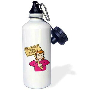 3dRose "Funny Humorous Woman Girl With A Sign Will Work For Bagels" Sports Water Bottle, 21 oz, White