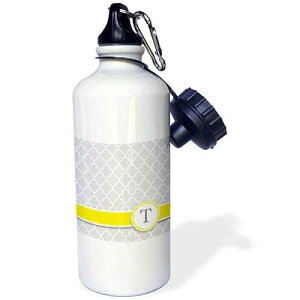 3dRose Your personal name initial letter T-monogrammed grey quatrefoil pattern-personalized yellow gray Sports Water Bottle, 21 oz, White