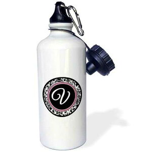 3dRose Letter V stylish monogrammed circle-girly personal initial personalized black damask with hot pink Sports Water Bottle, 21 oz, White