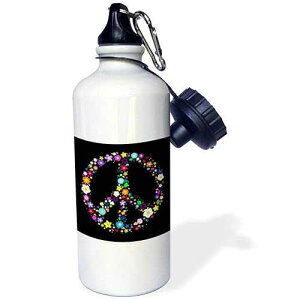 3dRose Floral Peace Symbol Flowery Hippy or Hippie Sign Flower Power Colorful F on Black Sports Water Bottle, 21 oz, Brown