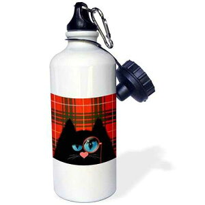 3dRose Cranky McCat Scottish Black Cat over Tartan Plaid Background Sports Water Bottle, 21 oz, White