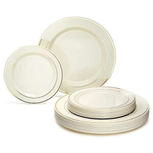 OCCASIONS FINEST PLASTIC TABLEWARE " OCCASIONS " 50 Plates Pack (25 Guests)-Heavyweight Wedding Party Disposable Plastic Plate Set -25 x 10.5'' Dinner + 25 x 7.5'' Salad/Dessert plates (Ivory & Gold Rim)