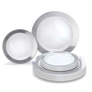 OCCASIONS 240 Plates Pack,(120 Guests) Heavyweight Premium Wedding Party Disposable Plastic Plates Set -120 x 10.5'' Dinner + 120 x 7.5'' Salad/Dessert (Linen White & Silver) OCCASIONS FINEST PLASTIC TABLEWARE OCCAS