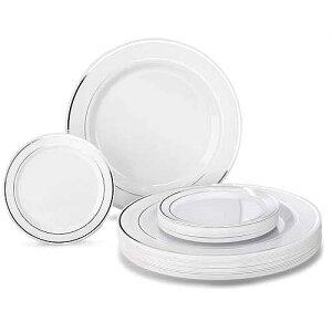  OCCASIONS 120 Plates Pack, Heavyweight Premium Disposable Plastic Plates Set 60 x 10.5'' Dinner + 60 x 6.25'' Dessert/Cake Plates (White & Silver Rim) OCCASIONS FINEST PLASTIC TABLEWARE  OCCASIONS 120 Plate