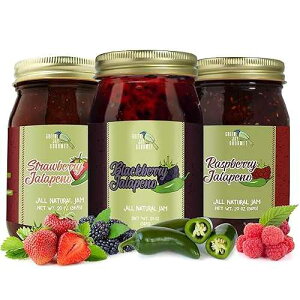 Green Jay Gourmet Spicy Jam Variety Pack - All-Natural Raspberry Jalapeno Jam, Strawberry Jalapeno Jam, Blackberry Jalapeno Jam - Vegan, Gluten-free Jam - No Preservatives - USA Made - 3 x 20 Ounces
