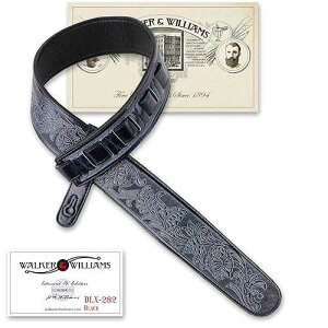 Walker & Williams DLX-282 Handmade Brushed Black Padded Guitar Strap with Embossed Tooling For Acoustic, Electric, And Bass Guitars