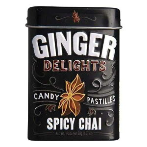Ginger Delights Spicy Chai Candy Genuine Ground Ginger Root, Natural Flavors Kosher Certified, Vegan, Gluten Free Aspartame & Xylitol Free 30 Count Tin (Pack of 12)