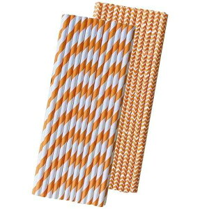 Orange and White Paper Straws - Party Supply - Stripe and Chevron - 7.75 Inches - 50 Pack - Outside the Box Papers Brand