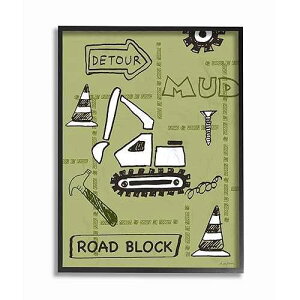 Stupell Industries The Kids Room By Stupell Detour Green Bulldozer Road Block Construction Zone Framed Texturized Art, 11 x 14, Proudly Made in USA, Multicolor