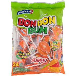 Colombina Bon Bon Bum Lollipops w/Bubble Gum Center, Mango Flavor, Individually Wrapped, Ideal for Party Favors and Gifts, 1 Pack (24 Count)