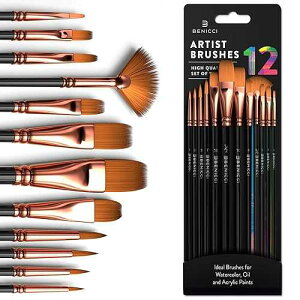 Benicci Professional Artist t Brush Set of 12 - ting Brushes Kit for Kids, Adults Fabulous for Canvas, Watercolor & Fabric - for Beginners and Professionals - Great for Water, Oil or Acrylic ting