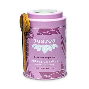 JusTea PURPLE JASMINE Loose Leaf Purple Tea Tin with Hand Carved Tea Spoon 40+ Cups (3.2oz) Low Caffeine Award-Winning Fair Trade Non-GMO