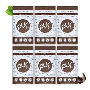 PUR Gum Aspartame Free Chewing Gum 100% Xylitol Natural Chocolate Mint Flavored Gum, 55 Pieces (Pack of 6)
