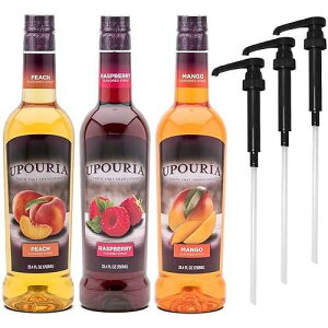 Upouria Coffee & Tea Syrup Variety Pack, Raspberry, Mango, and Peach Flavoring, 100% Vegan, Gluten-Free, Kosher, 750 mL Bottles with 3 - Coffee Syrup Pumps Sunny Sky Upouria Coffee & Tea Syrup Variety Pack, Ras