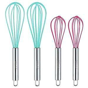 Webake 8  10 C`̃VRAĊ 4 pbN o[nAĊZbg \bhJ[ Webake 8 and 10 Inch Silicone Whisk Pack of 4 Balloon Egg Dough Whisk Set Solid Color