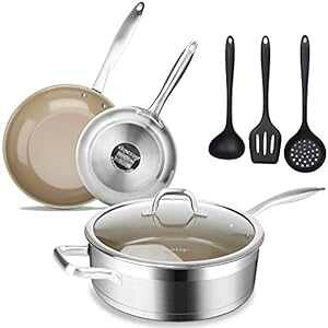 Duxtop 7PC Stainless Steel Ceramic Coated Nonstick Pans Set, Induction Frying Pans, Non-stick Saute Pan with Lid, Impact-bonded Technology, FUSION Titanium Reinforced Ceramic Coating