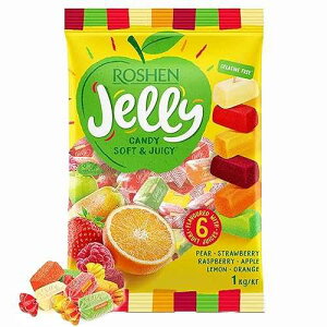 Roshen Jelly Candy, Mixed Fruit, 2.2 lb (1kg) Bulk Pack, Soft Fruit Jellies with Crystalline Sugar in Pear, Apple, Orange, Lemon, Strawberry & Raspberry Flavors, Individually Wrapped Gems, Pectin-Based, Kosher,