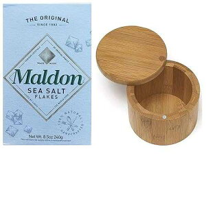 Maldon Gourmet Sea Salt Flakes, One 8.5oz Box. Also Includes One, RJF Brands 3 by 3.5 Inch Bamboo Salt Box with Swivel Lid.