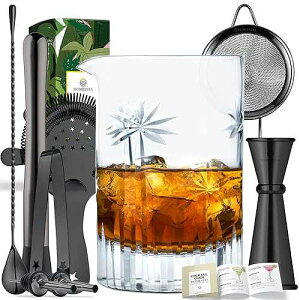 Homestia, Cocktail Mixing Glass Set Crystal Barware, Full Bar Set 9 PCS: 24oz Mixing Glass, 10 Bar Muddler, Jigger, 12 Stirring Spoon, Cocktail Strainers, Bottle Pourers, Ice Tong
