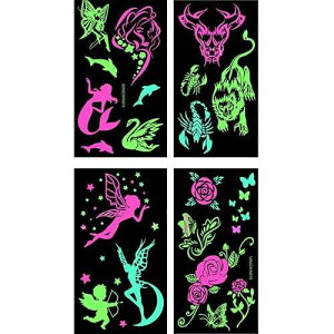 �v���~�A���ÈłŌ���^�g�D�[ ����ꎞ�I�ȃ^�g�D�[ �V�}�[�S�[���h �ꎞ�I�ȃt�F�C�N�W���G���[ �u���^�g�D�[ 4 �� Light up in the Dark Premium Glow in the Dark Tattoos Glowing Temporary Tattoo Shimmer Gold Tem