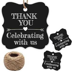 Mr.Mug Thank You for Celebrating with Us Tags, 100Pcs Cool Black Thank You Tags for Wedding Birthday Baby Shower Party Favors, Paper Gift Tags with 100 Feet Jute String