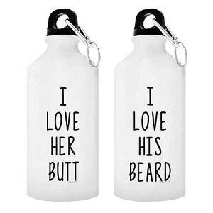 Unique Wedding Idea for Bride and Groom I Love Her Butt I Love His Beard Matching Couple 2-Pack Aluminum Water Bottles with Cap & Sport Top White ThisWear Unique Wedding Idea for Bride and Groom I Love Her Butt I L