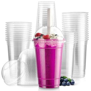 Fit Meal Prep [100 Pack] 20 oz Clear Plastic Cups with Dome Lids, Disposable Iced Coffee Cups, BPA Free Crystal Boba Cup for Party, Smoothie, Juice, Frappuccino, Bubble Boba, Dessert, Fruit, Milkshake
