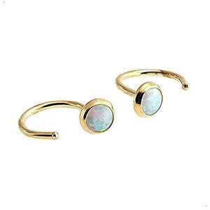 Fashion Art Jewelry White Opal 4mm Stone 19 GA Gold Filled Ear Cuff Huggie Earrings Open Hoop Piercing Ear Hugger Gemstone Jewelry (White Opal 4mm/9mm | Gold-filled 19 GA)